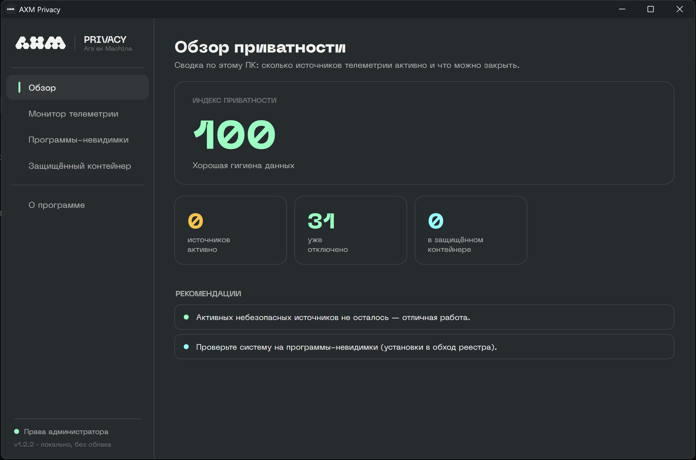 AXM Privacy, экран «Обзор приватности»: индекс 100, источников активно 0, отключён 31