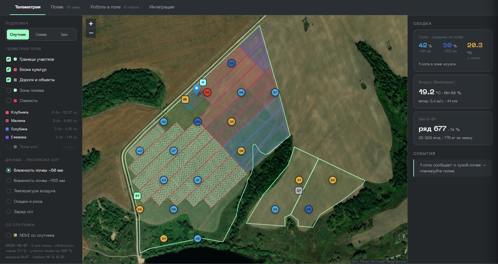 Parcels, crop blocks and demo readings in the real Apiary interface