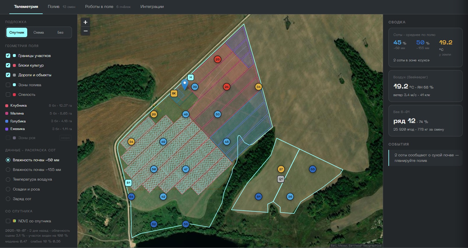The actual Apiary interface: crop blocks, a field map and demonstration telemetry.